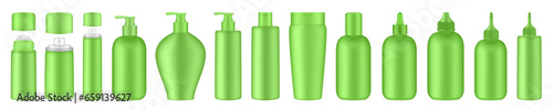 Set of green squeeze bottles. Bottles with pump, dispenser. Korean packaging. Lotion or shower gel. Deodorant roll-on. Hair spray, air freshener container, mockup of aerosol. Squeeze bottles. Dropper