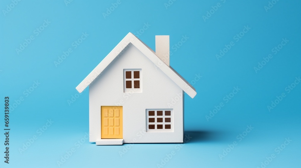 Home sweet home, white simple 3d house model toy isolated on blue background, copy space. Home sweet home, white simple 3d house model toy isolated on blue background, copy space.