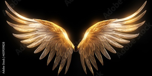 Demon Angel shiny golden hell Wings isolated on black photo