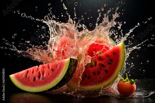 Fresh watermelon exploding pieces. Organic food. Generate Ai