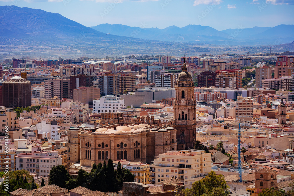 Downtown panorama and Cathedral of Malaga Roman church