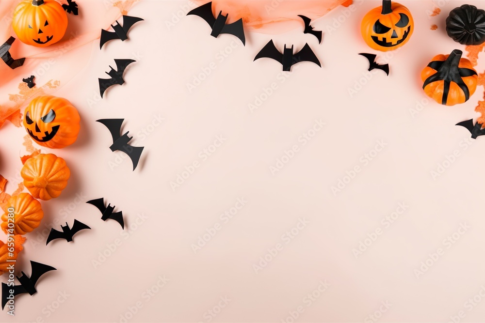 halloween concept background composition with bats, spider web, pumpkins and spiders on black background ai generated