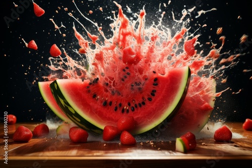Vibrant Fresh watermelon exploding pieces. Organic food. Generate Ai