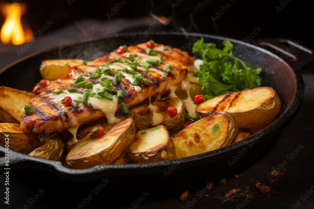 Iconic Danish Delicacy: A Close-Up of Sizzling Crispy Flæsk Med Kartofler, a Hearty Homemade Dish with Flavorful Bacon Strips and Fried Potatoes, a Savory and Appet