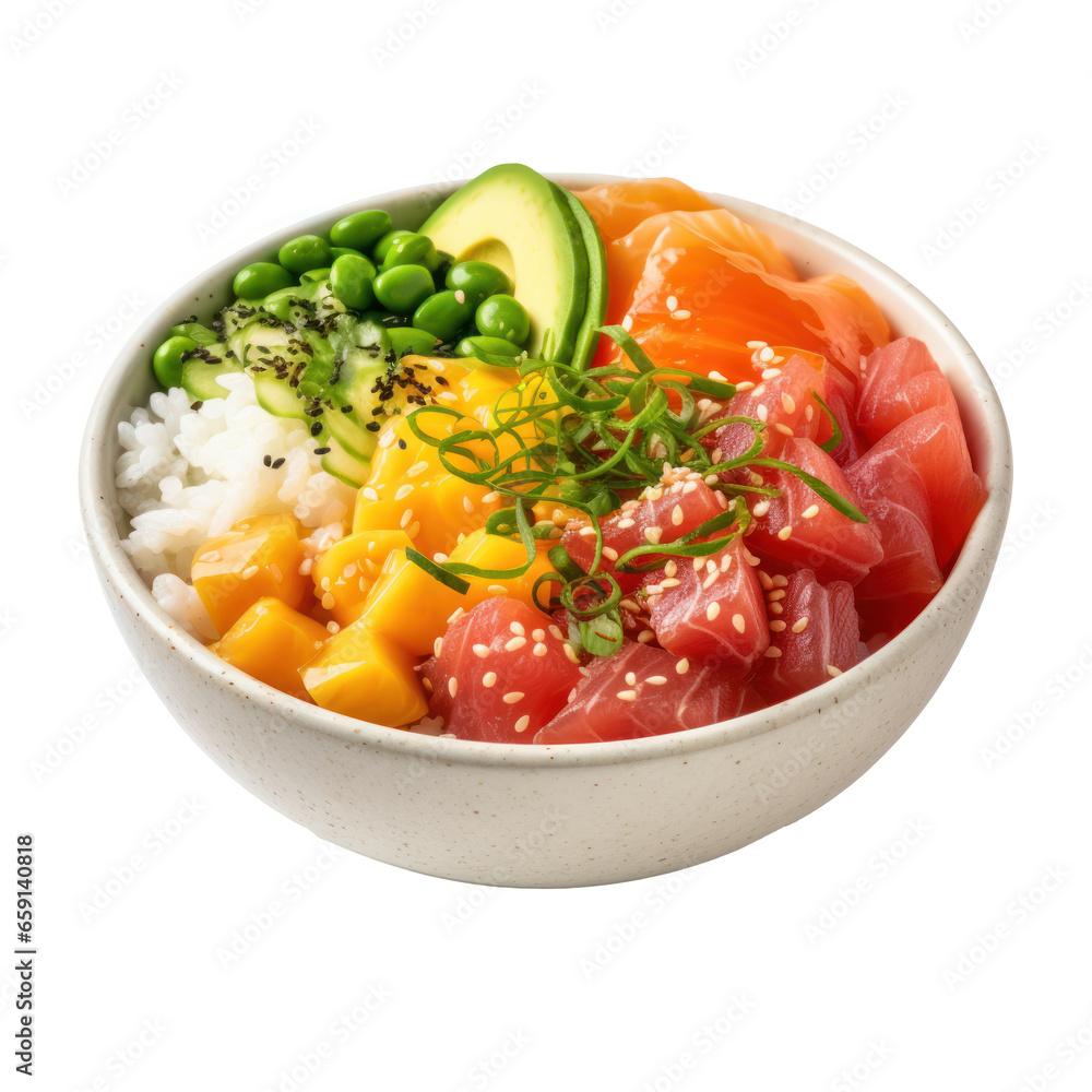 Poke bowl: Raw fish over rice, topped with veggies and sauce. isolated Poke bowl: Raw fish over rice, topped with veggies and sauce. isolated