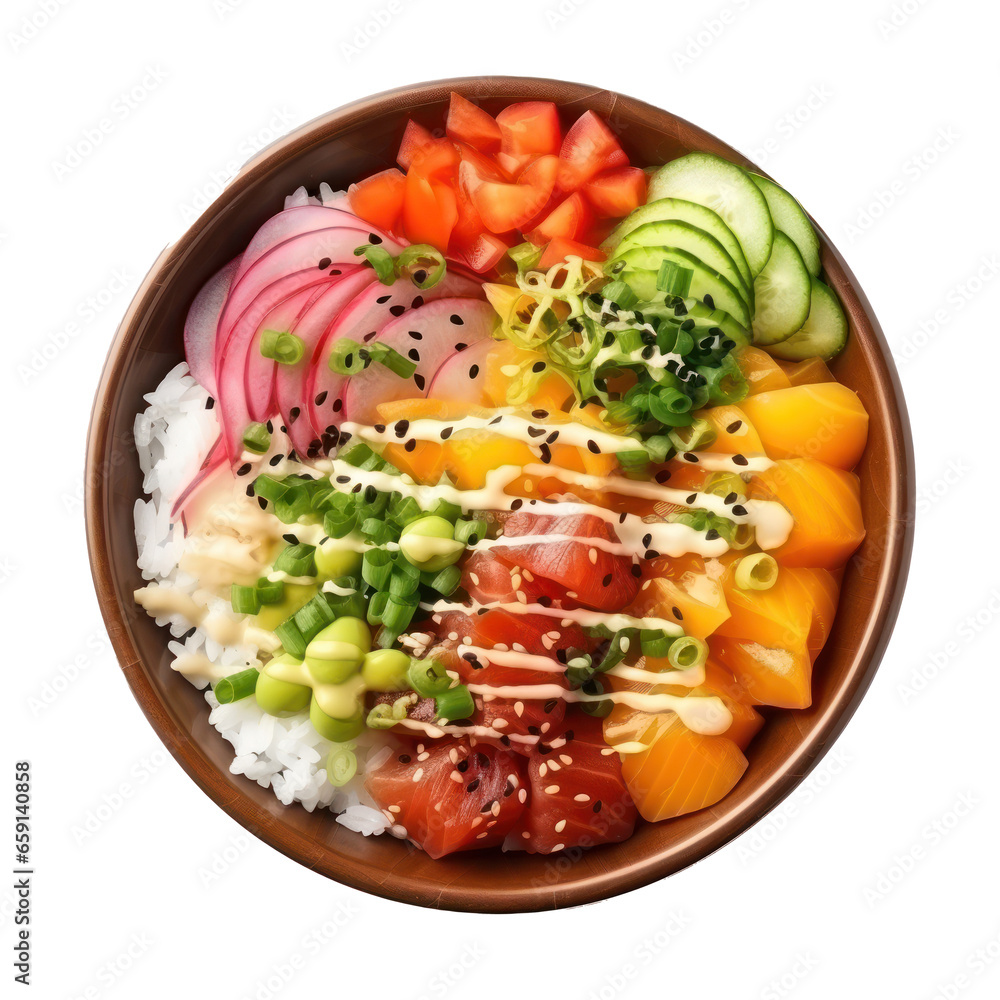 Poke bowl: Raw fish over rice, topped with veggies and sauce. isolated