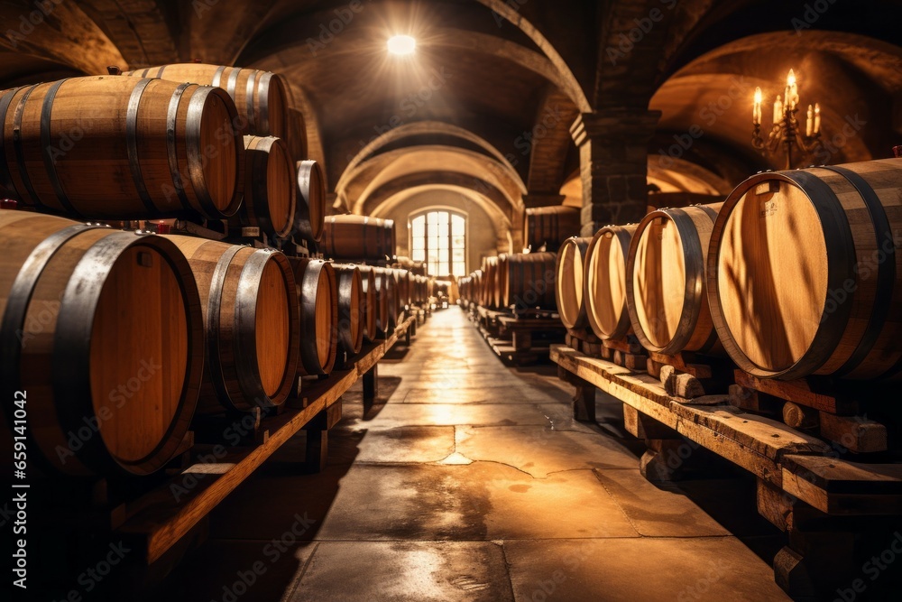 A classic dark cellar with barrels of wine or strong alcohol. Background with selective focus and copy space