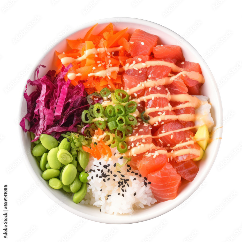 Poke bowl: Raw fish over rice, topped with veggies and sauce. isolated Poke bowl: Raw fish over rice, topped with veggies and sauce. isolated