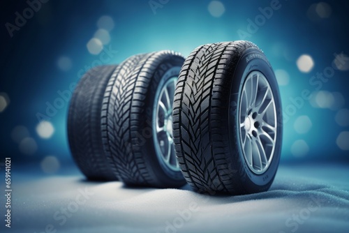 New car tires on the snow. Background with selective focus and copy space © top images