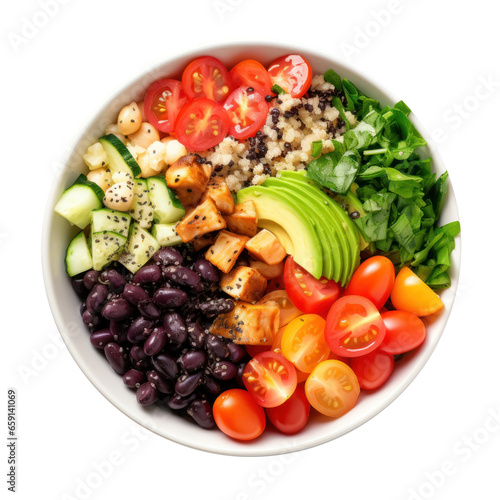 Buddha bowl: Vegetarian bowl with grains, veggies, and protein. isolated