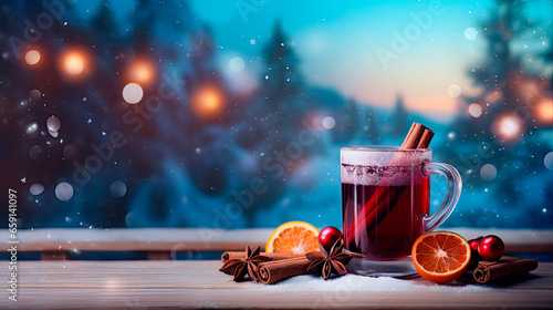 A glass of mulled red wine with cinnamon on old rustic wooden plank against blue background with winter landscape