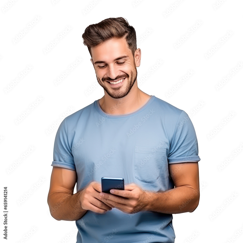 Handsome business man in blue t-shirt woth mobile phone isolated Handsome business man in blue t-shirt woth mobile phone isolated