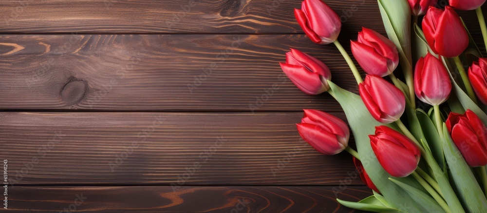 Mother s Day themed background featuring red tulips on a wooden surface symbolizing spring flowers Mother s Day themed background featuring red tulips on a wooden surface symbolizing spring flowers