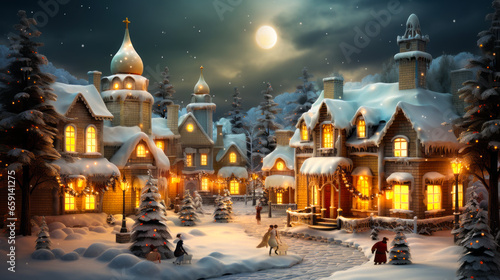 Vintage Christmas: Snowy Village Landscape Captured in a 3D Illustration © Bartek