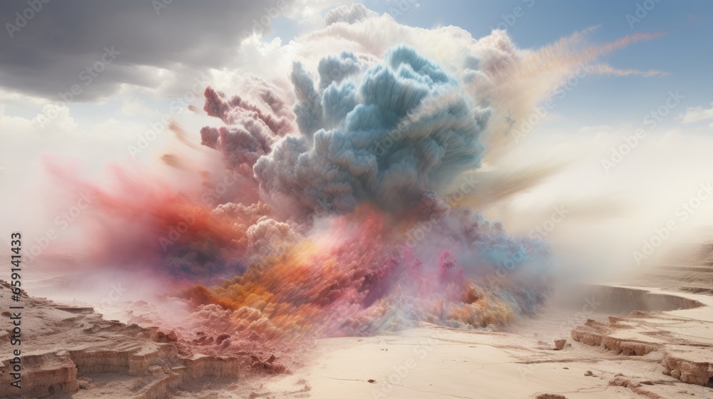 A colorful explosion of colored dust in the desert