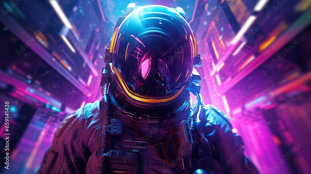 A man in a space suit standing in front of a neon background A man in a space suit standing in front of a neon background