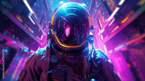 A man in a space suit standing in front of a neon background © NK