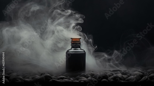 A bottle of smoke sitting on top of a pile of rocks