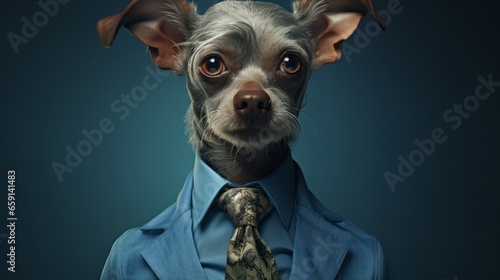 A small dog wearing a blue shirt and tie