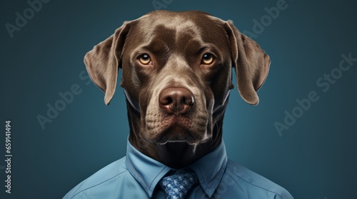A brown dog wearing a blue shirt and tie © NK