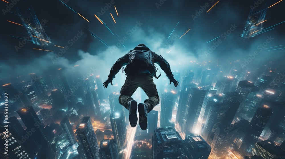 A man flying through the air over a city A man flying through the air over a city
