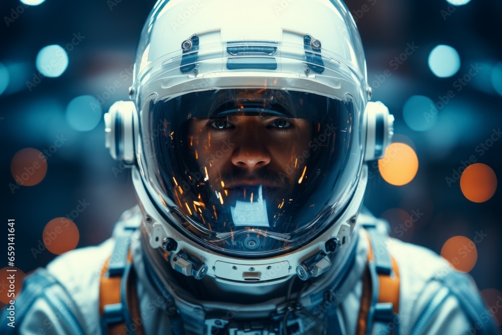 Cosmonaut or astronaut. Portrait of a spaceman with selective focus and copy space Cosmonaut or astronaut. Portrait of a spaceman with selective focus and copy space