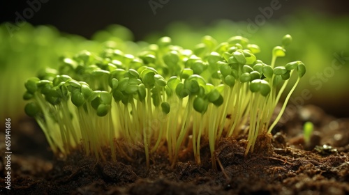 A close up of a microgreen sprouting out of the ground