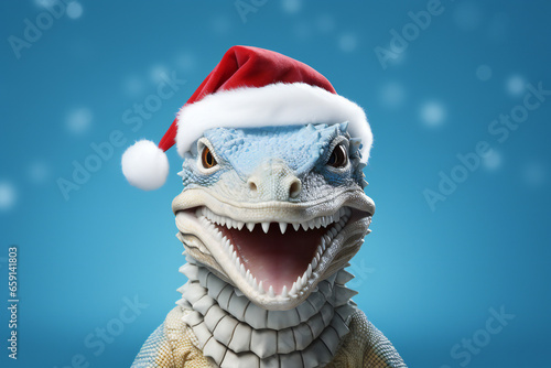Cute little smiling dragon in a christmas hat.The symbol of the new year 2024, christmas illustration,ai generated © Veronica