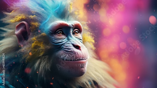 A digital painting of a monkey surrounded by colored smoke