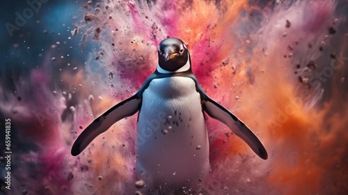 A penguin standing in front of a colorful background