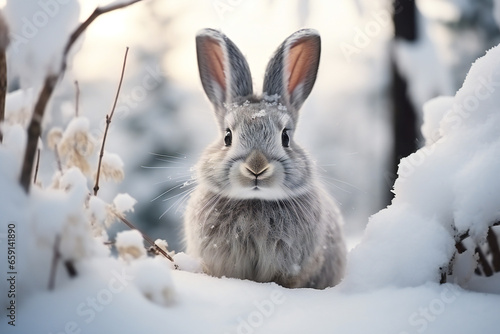 Cute gray hare in a beautiful snowy winter forest,ai generated