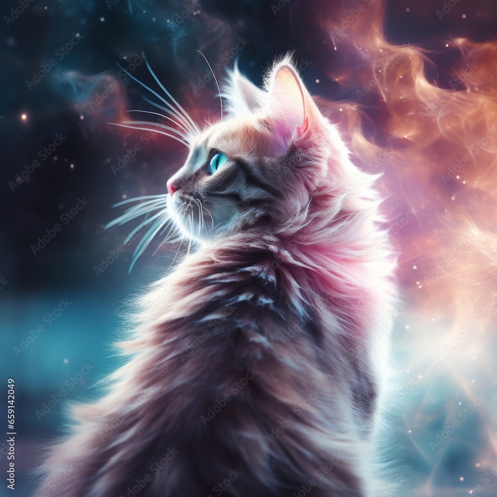 A painting of a cat looking up at the sky