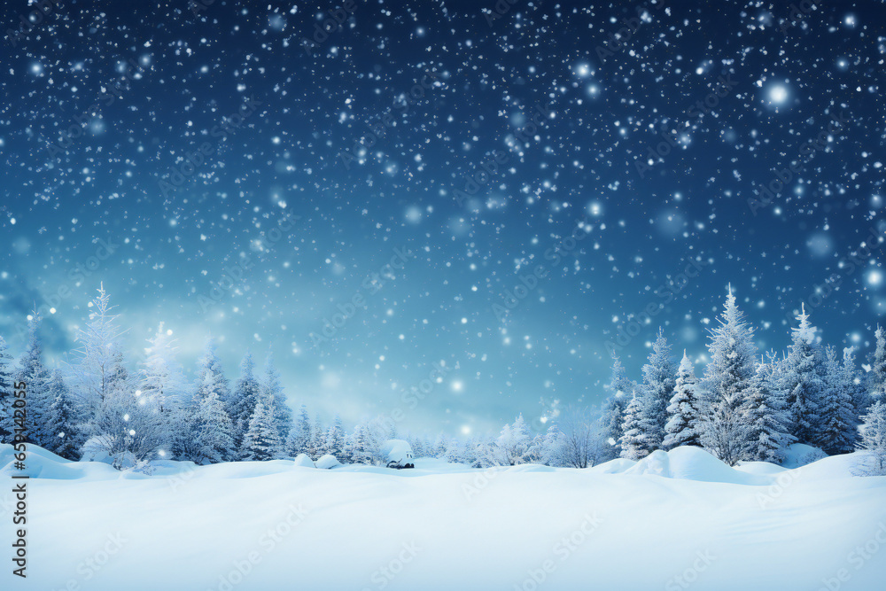 Winter view of falling snow and snow covered trees, festive magical winter background,ai generated