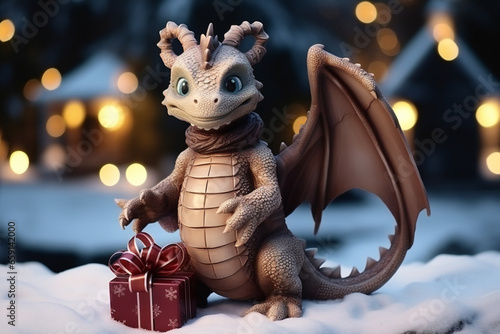 Little wooden dragon on Christmas background. Christmas and New Year's card,ai generated