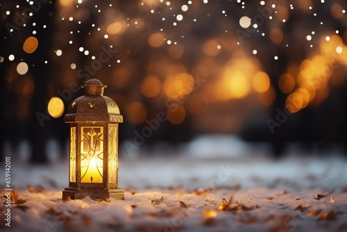 Christmas lantern with burning candle in winter,ai generated