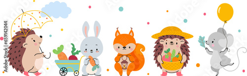 Cute cartoon animals autumn style. Rabbit farmer, funny hedgehogs, mouse with balloon and red fox. Isolated childish vector wild characters © MicroOne