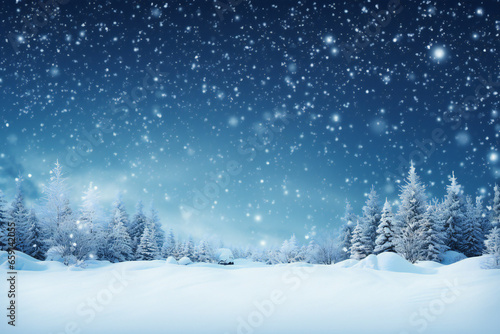 Winter view of falling snow and snow covered trees  festive magical winter background ai generated