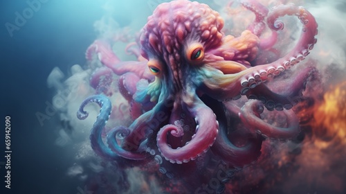 An octopus is floating in the air surrounded by smoke