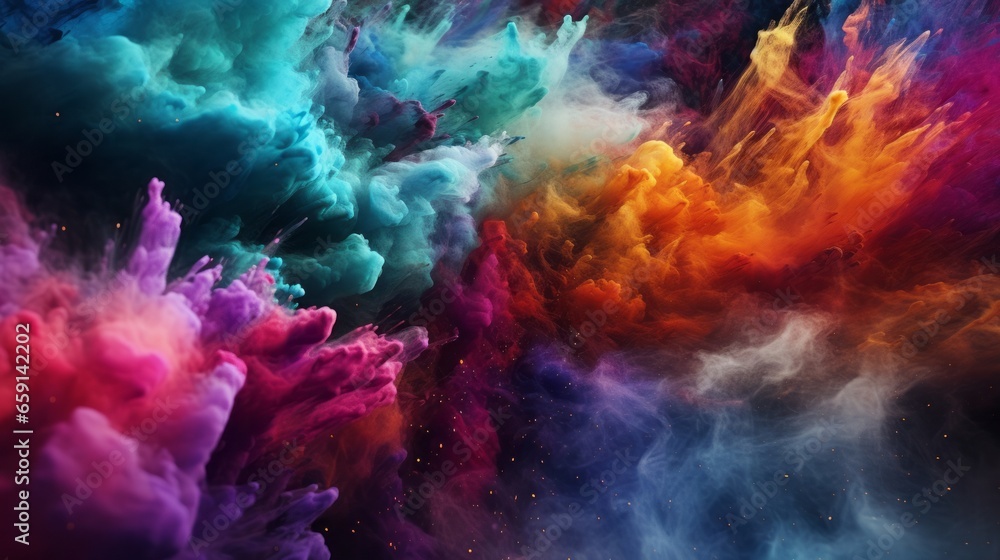 A vibrant explosion of colored powder on a dark background