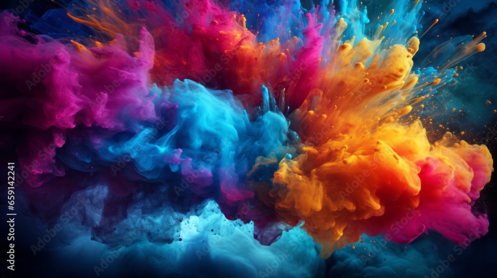 A vibrant explosion of colored powder on a dark background