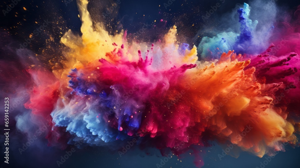 A colorful explosion of colored powder on a dark background