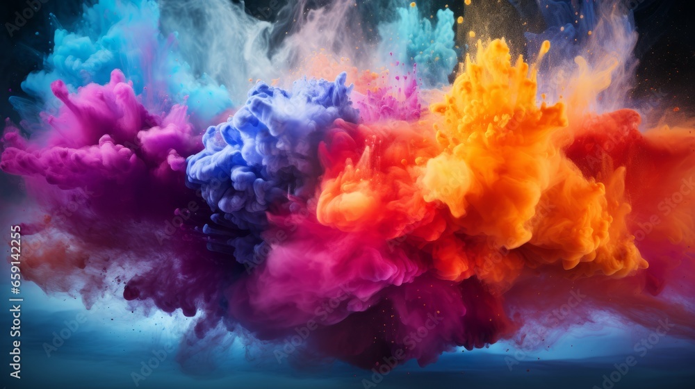 A vibrant explosion of colored powder on a dark background A vibrant explosion of colored powder on a dark background