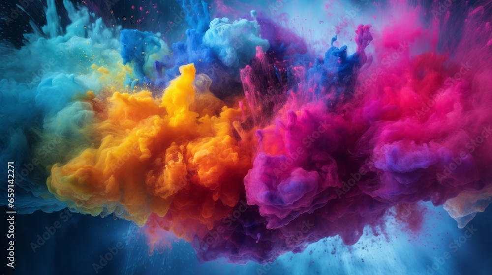 A vibrant and dynamic explosion of colored powder on a dark backdrop