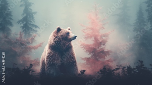 A brown bear standing in the middle of a forest