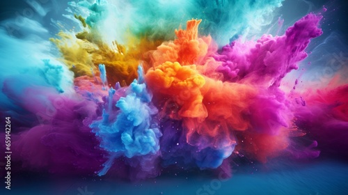 A vibrant and dynamic explosion of colored powder on a dark backdrop © NK