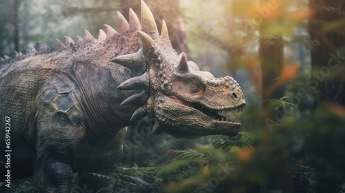 A close up of a dinosaur in a forest