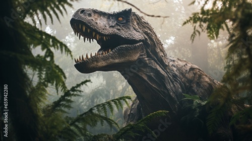 A large dinosaur in the middle of a forest