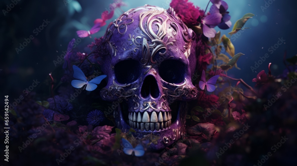 A skull surrounded by flowers and butterflies A skull surrounded by flowers and butterflies