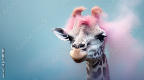 A close up of a giraffe with pink hair