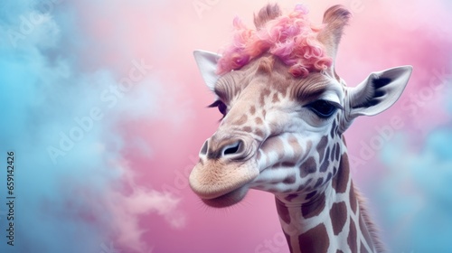 A giraffe with pink hair blowing in the wind